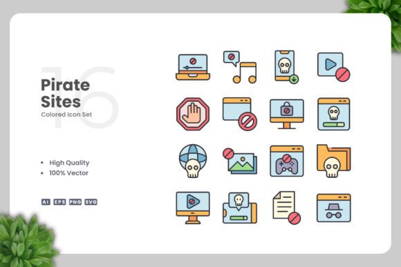Pirate Sites Colored Icons: Design Assets for Creators