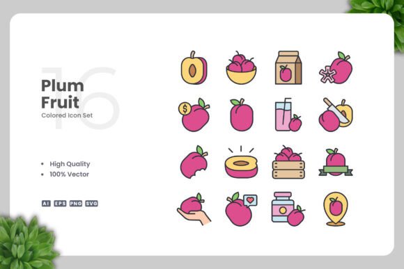 Plum Fruit Colored Icons: Simple, Clean Design for Modern Visual Projects